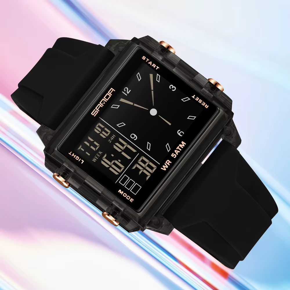 SANDA mode montre analogique électronique pour hommes femmes étanche cadran carré compte à rebours minuterie montre-bracelet numérique homme heure mondiale