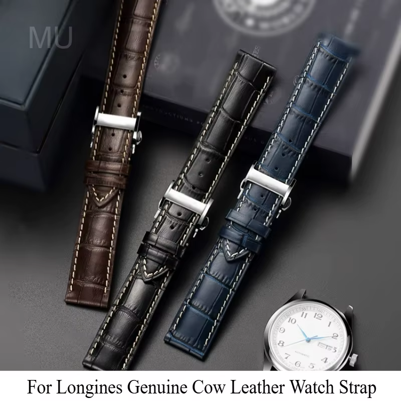 Bracelet de montre en cuir véritable pour Longines Master Collection Moonphase