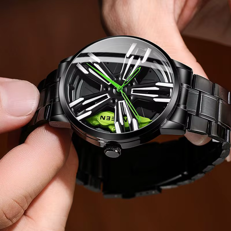 FNGEEN montre de course pour hommes personnalisé Super voiture jante conception en acier inoxydable noir rétro étanche