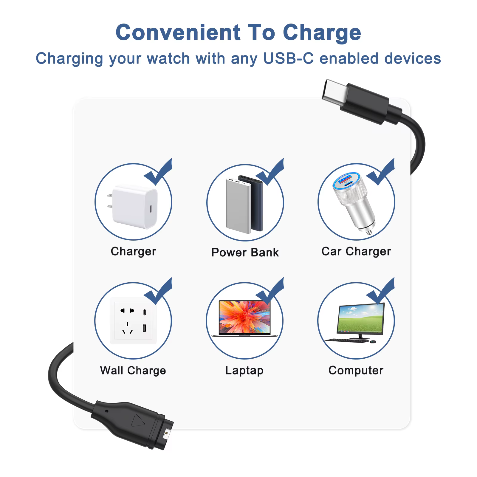 Câble de chargeur de montre de Type C pour Garmin Venu2/VenuSq2/3/3S Fenix 5/6/7 Vivoactive4/4S/3