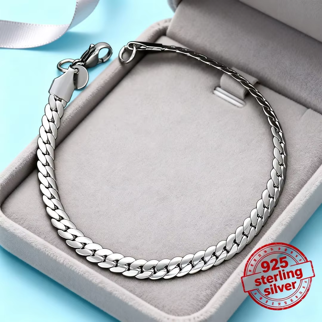 Bracelet en argent sterling 925 plaqué or 18 carats, chaîne plate de 5 mm / 20 cm pour femme et homme, bijoux de mariage et de fiançailles
