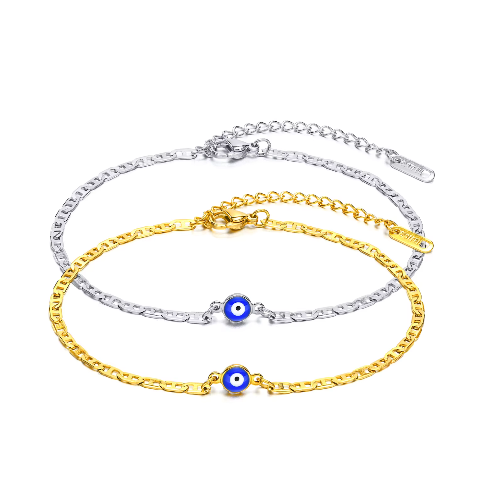 Bracelets de cheville pour hommes, cheville turquie mauvais œil bleu. Bracelet de cheville à maillons Mariner plats en acier inoxydable, chaîne Ancho, bijoux pour femmes