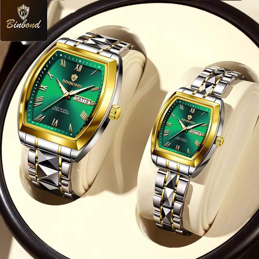 BINBOND 2 pièces Couple montres mode carré montre à Quartz pour amoureux étanche lumineux Date semaine hommes dames Valentine montre-bracelet