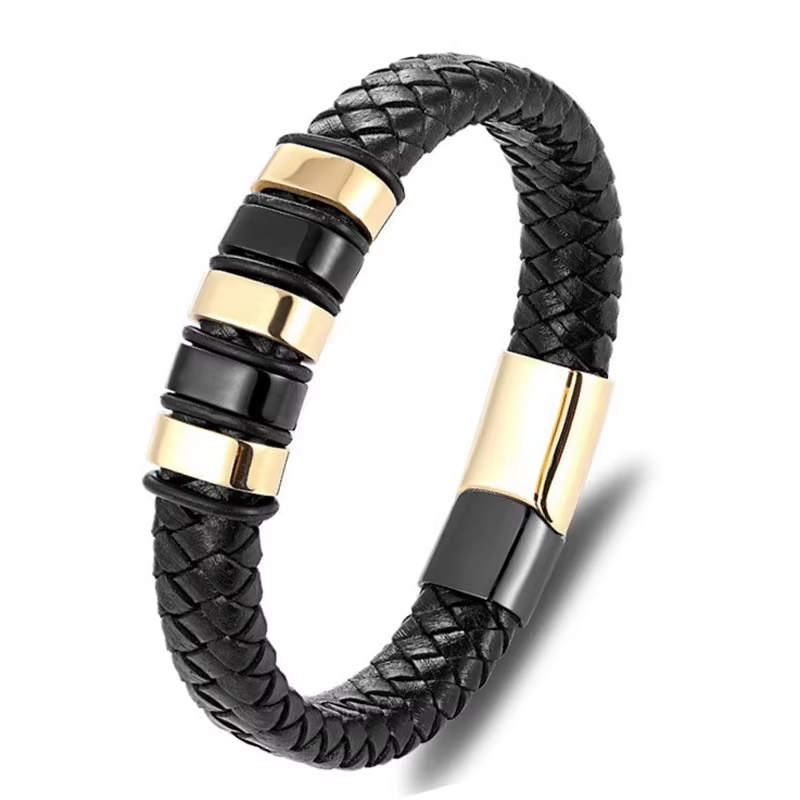 Bracelet pour homme en cuir noir tressé de luxe