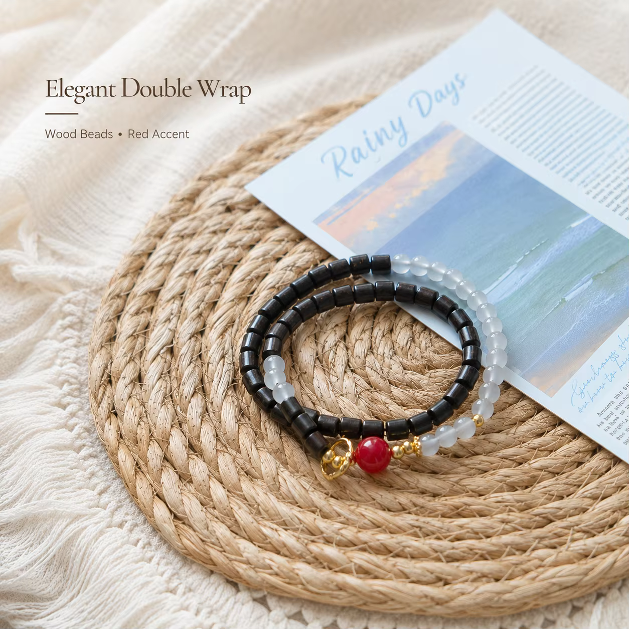 Bracelet double tour en perles de bois pour femmes et hommes, avec perle rouge et breloque dorée, bijou de poignet superposé, style fait main, cadeau