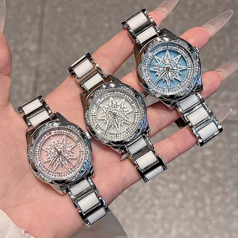 Montre pour femme de luxe avec cadran rotatif orné de diamants, étanche, élégante, haut de gamme, ronde, pour femme