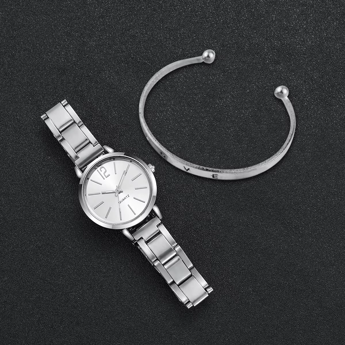 2 pièces montre pour femme mode or acier bande Quartz montre-Bracelet ouverture manchette Bracelet ensemble