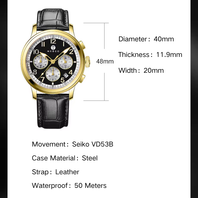 Montre à quartz chronographe série avec mouvement Sei-ko VD53B du Japon
