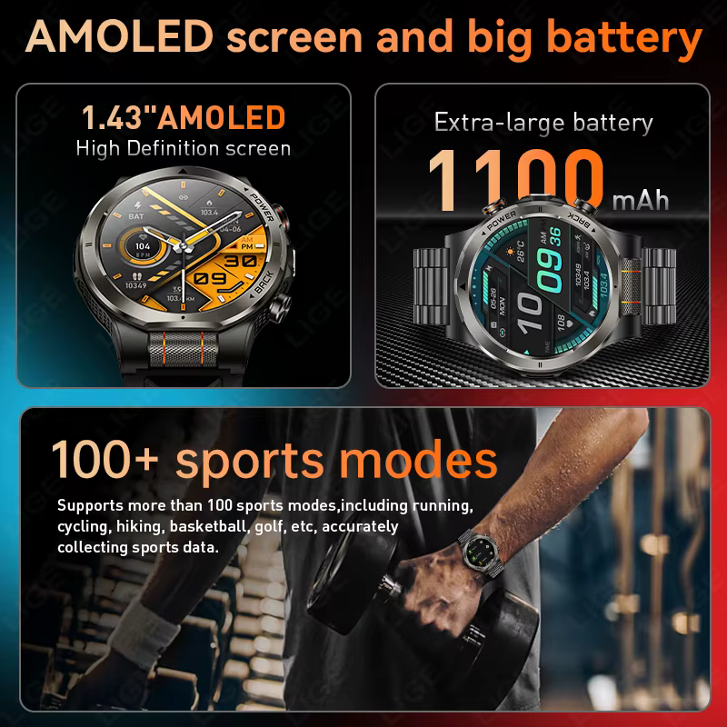 Montre connectée militaire LIGE pour homme, batterie 1100 mAh, boussole, lampe de poche, étanche 3 ATM, écran AMOLED 466*466, appels Bluetooth, montres d'extérieur