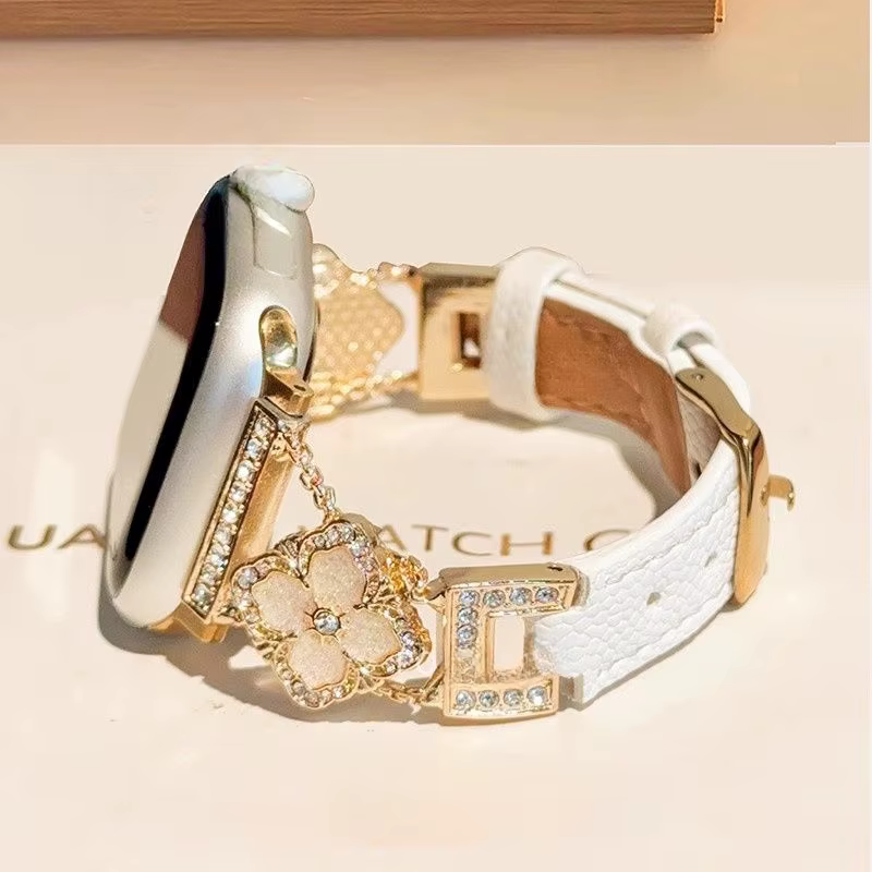 Feeling d'or cinq fleurs en cuir véritable compatible avec le bracelet iWatch 38mm 40mm 41mm 42mm 44mm 45mm 49mm
