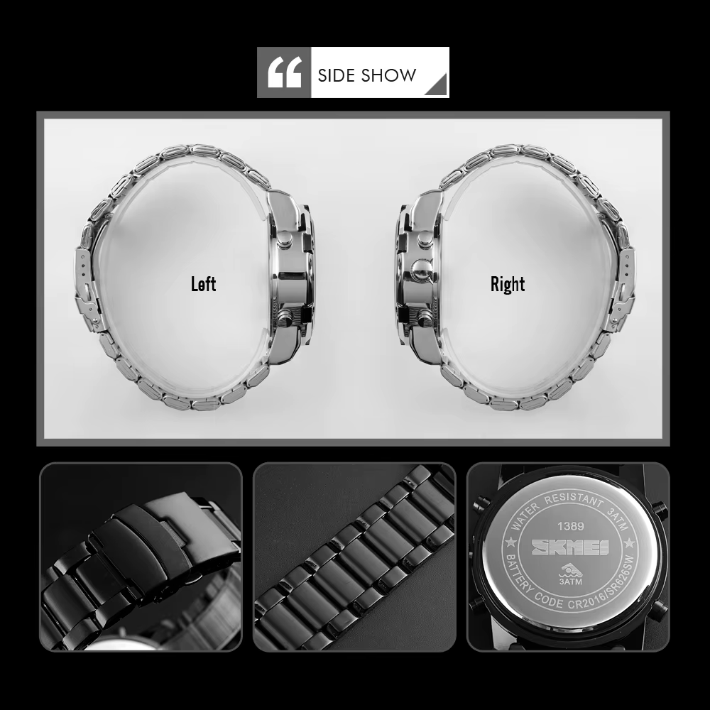 SKMEI 1389 Bracelet montre-Bracelet horloge montre à Quartz numérique hommes trois fois étanche