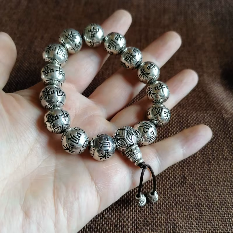 Bracelet Mala Bouddhiste Om Mani Sculpté, Style Argent Tibétain Vintage, Bracelet Perlé avec Mantra à Six Syllabes