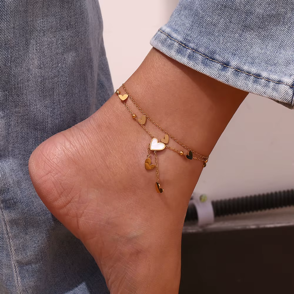 E.B.belle-Bracelet de cheville double couche en forme de cœur pour femme, bracelet de cheville pompon blanc et beige, plaqué or 18 carats, acier inoxydable SION L
