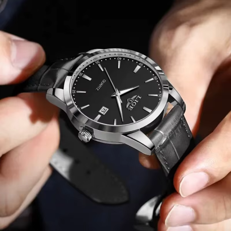 Relogios Masculino LIGE Top marque de luxe montre en cuir noir pour hommes mode militaire sport étanche montre-bracelet