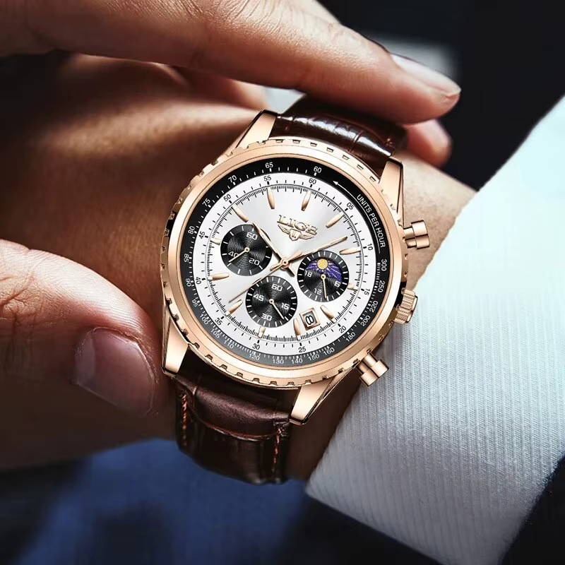 Montre-bracelet à quartz en cuir étanche pour homme