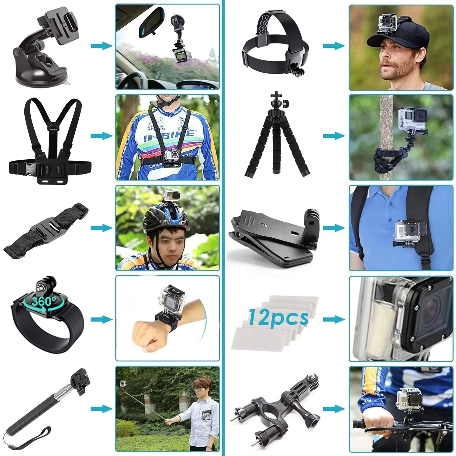 Ensemble d'accessoires pour caméra d'action pour Gopro Hero13 12 11 10 pour Xiaomi Yi Insta360 X4 X3