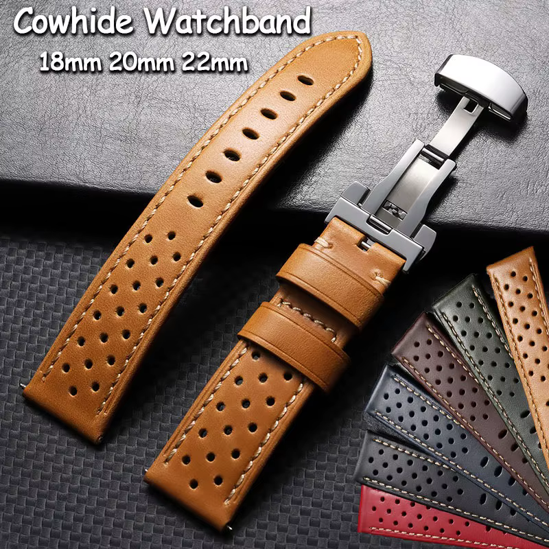Bracelet de montre vintage 18mm 20mm 22mm en cuir perforé respirant style course avec fermoir papillon pour Rolex