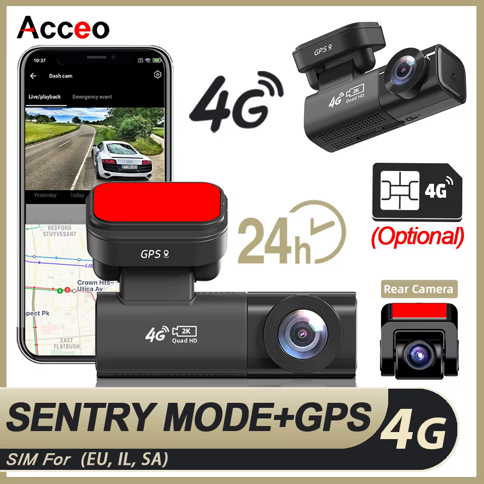 Acceo – caméra de tableau de bord de voiture 4G LTE connectée, suivi GPS en temps réel, vue en direct, enregistrement avant et arrière 2K, avertissement de Collision, détection humaine