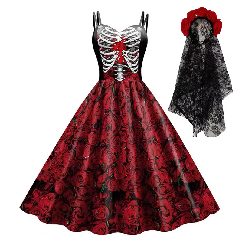 Costumes d'halloween pour femmes, imprimé tête de mort, col licou, tunique sans manches, robes de soirée Vintage, vêtements gothiques, mascarade, nouvelle collection