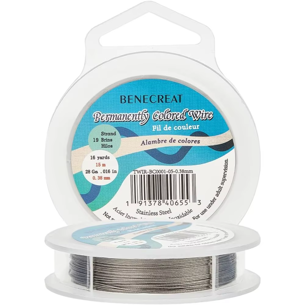Fil de perles en nylon et acier inoxydable, 19 brins, 0.015 pouces/0.38mm 49 pieds, pour collier et bracelet, kit gris clair