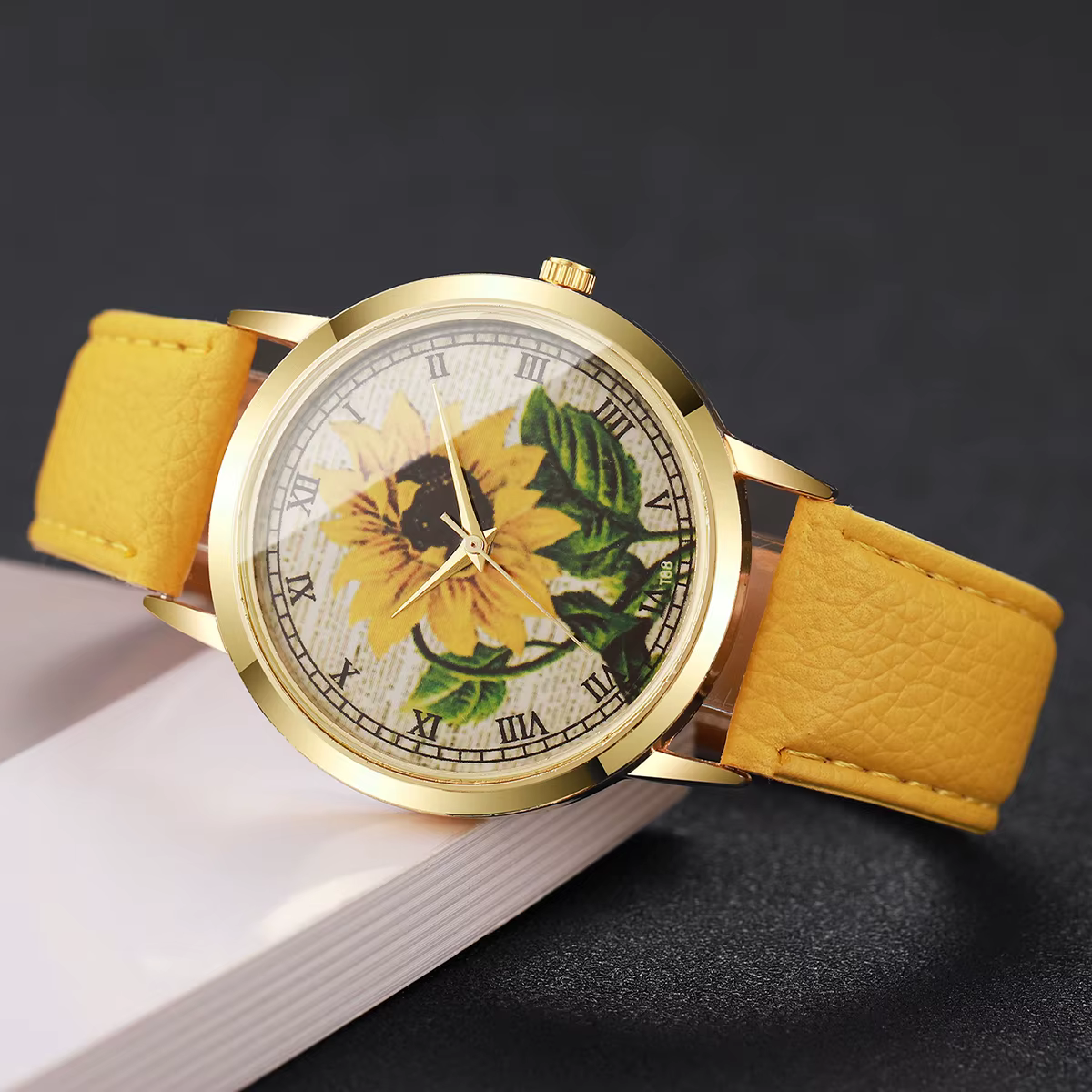 Mode fleur Roma cadran femmes montre-bracelet bracelet en cuir décontracté montres à Quartz pour dames horloge Reloj Mujer (sans boîte)