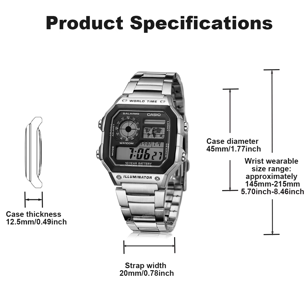 Série Casio AE1200WH | Montre numérique pour homme | 100M WR | Alarmes multiples | Chronomètre 100 secondes | Minuterie