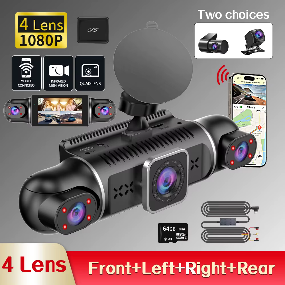 Moniteur de stationnement WiFi GPS 24h, caméra de tableau de bord pour enregistreur de conduite de voiture, 4 objectifs FHD 1080P DashCam, tachygraphe de Vision nocturne 64 go 360 °   DVR de voiture