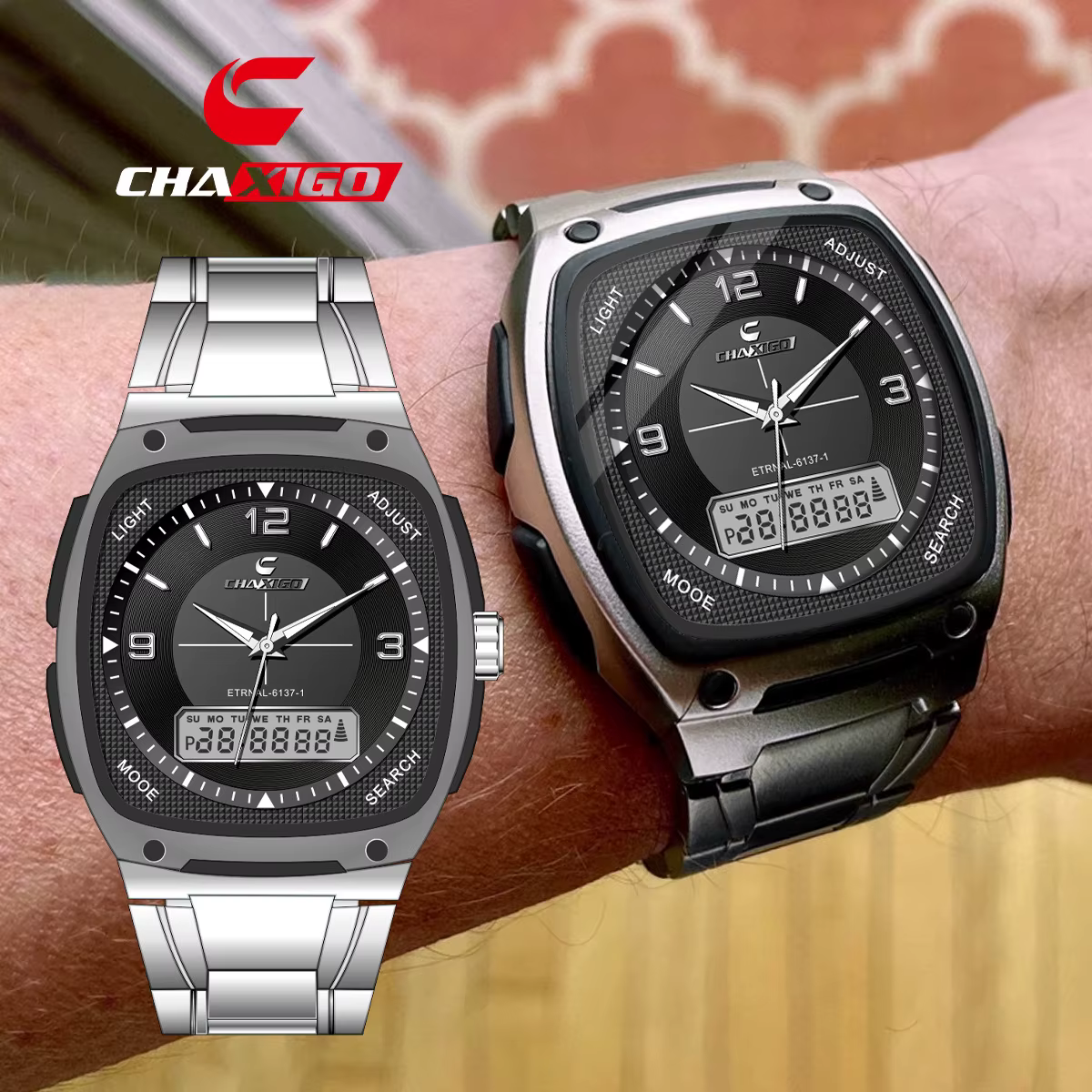 CHAXIGO 6137 mode montre pour hommes lumineux étanche calendrier réveil multi fonctionnel montres