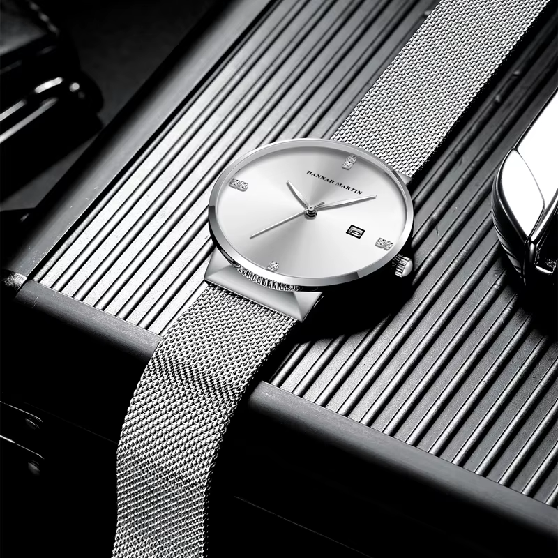 Hannah Martin montre pour hommes avec mouvement importé japonais affaires en acier inoxydable maille ceinture 3Bar