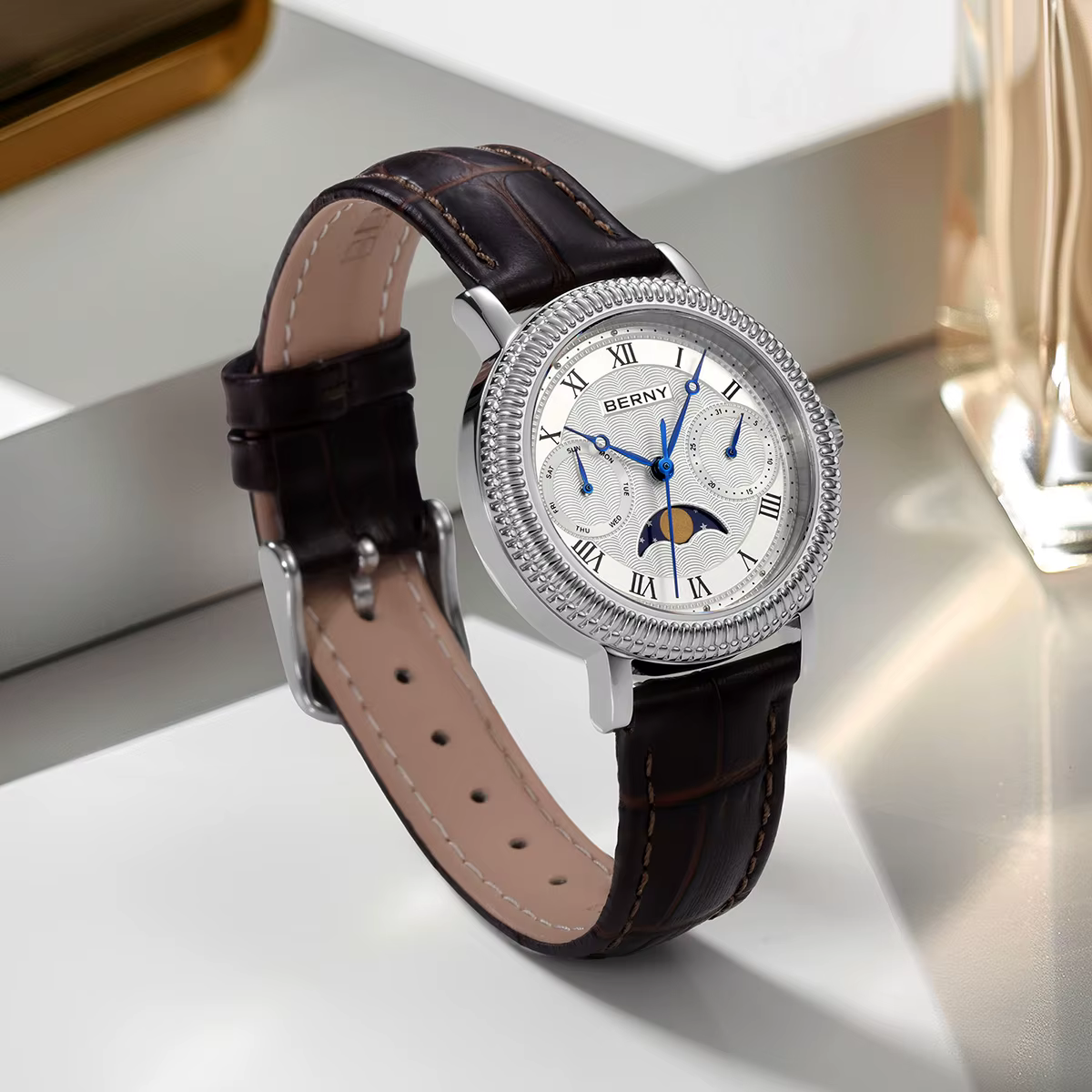 BERNY Montres pour femmes, montre de luxe pour affaires, phase de lune, élégante, à quartz, bracelet en cuir, acier inoxydable