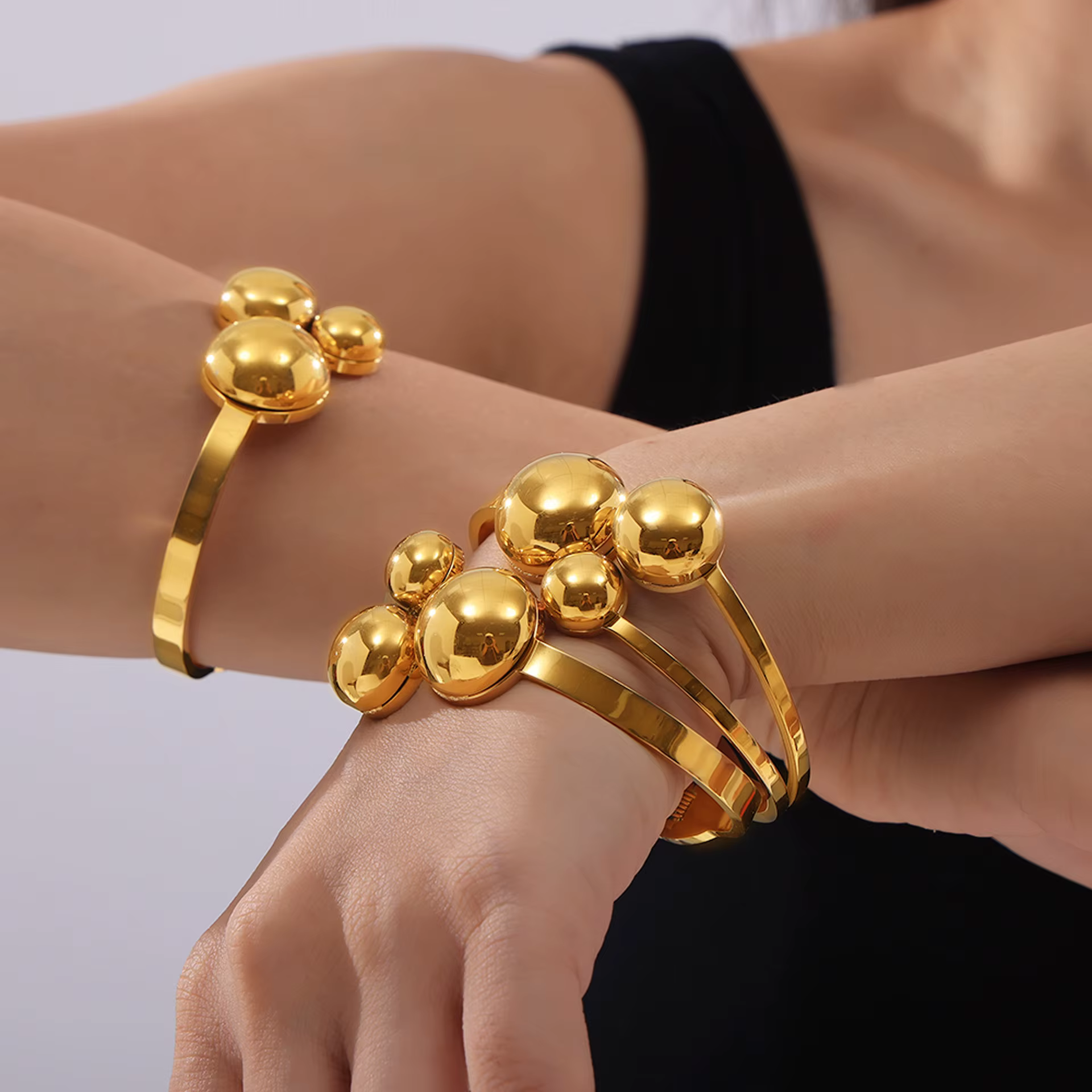 Bracelet rond en acier inoxydable à 3 boules pour femmes, double couche, plaqué or, personnalisé, accessoires de bijoux de luxe pour femmes