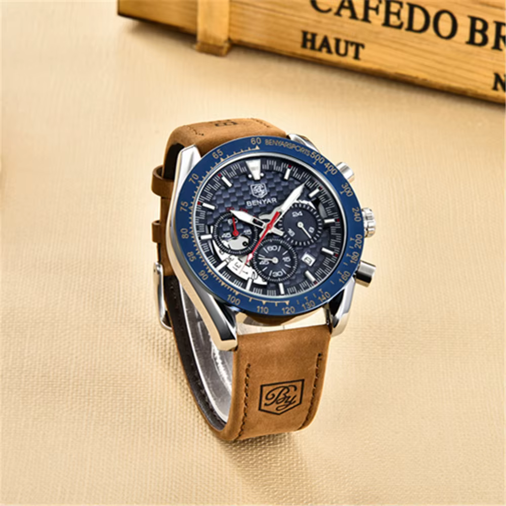 Benyar Design-Montre à quartz en cuir pour homme, chronographe Shoous, marque de sport, mode vintage, étanche à 30m, 45mm