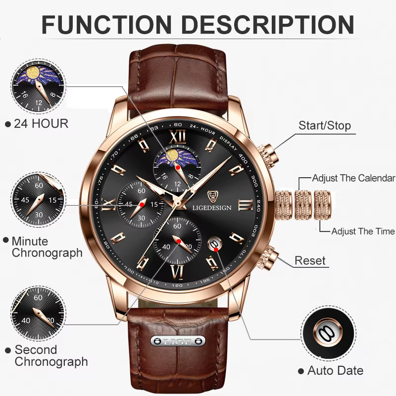 Montre étanche en cuir pour homme