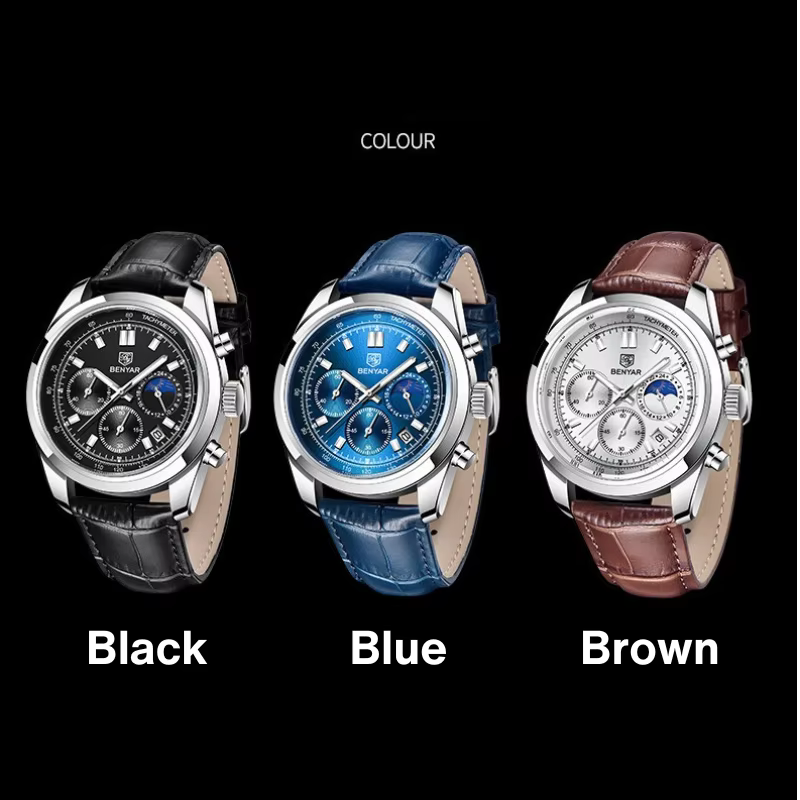 Montre à Quartz pour homme, chronographe de 42mm de diamètre et de 13mm d'épaisseur avec cadran fonctionnel, bracelet en cuir, étanche 50M