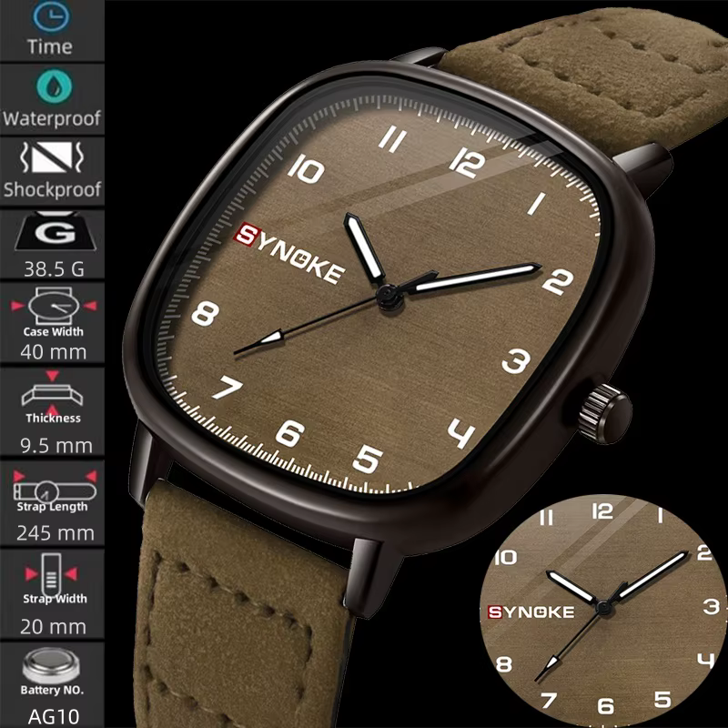 Synoke-Montre à quartz avec bracelet en cuir pour homme