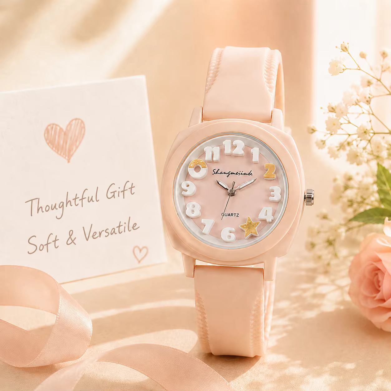 Montre analogique à cadran numérique 3D avec motif lune et étoiles
