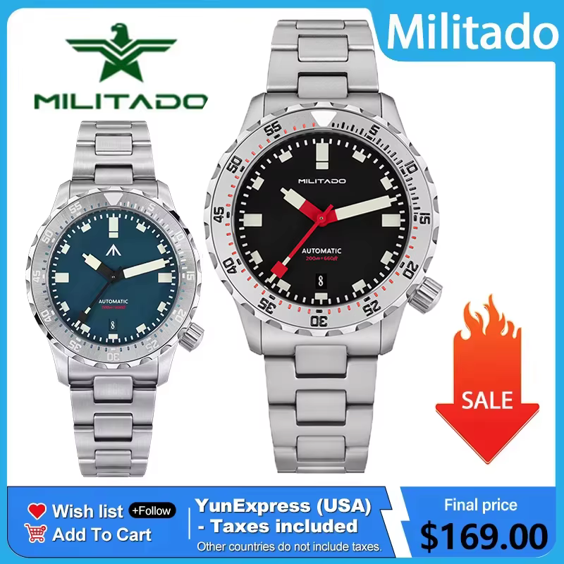 Militado ML20 39mm hommes montre PT5000 mouvement automatique saphir Luminova montres en acier inoxydable 200m montre-bracelet étanche