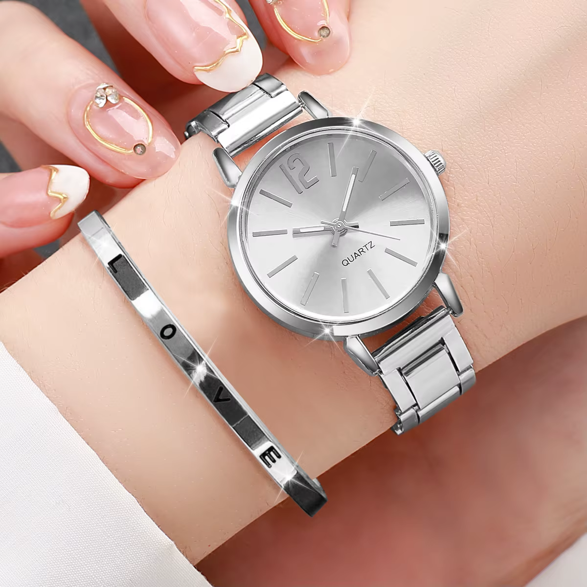 2 pièces montre pour femme mode or acier bande Quartz montre-Bracelet ouverture manchette Bracelet ensemble