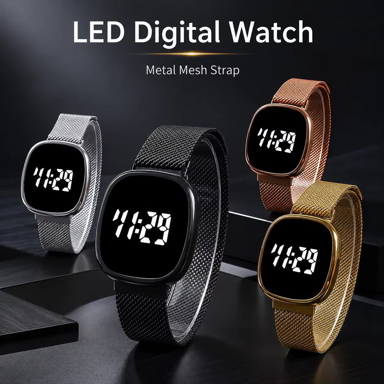 Montre à bracelet en maille métallique avec affichage numérique LED, montre-bracelet électronique carrée arrondie unisexe.
