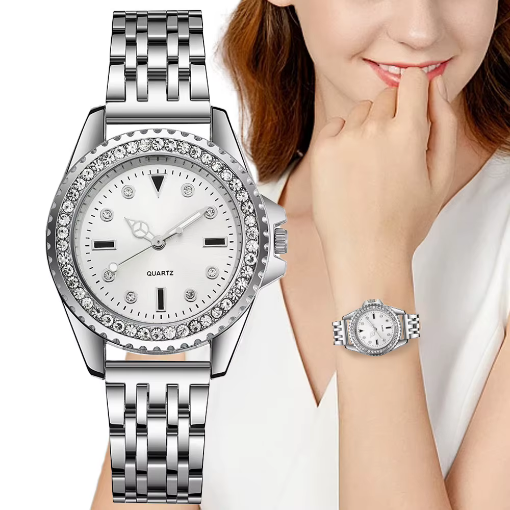 Mode dames argent Simple plein diamant anglais montre 2025 nouvelle marque femmes en acier inoxydable horloge de luxe robe montres