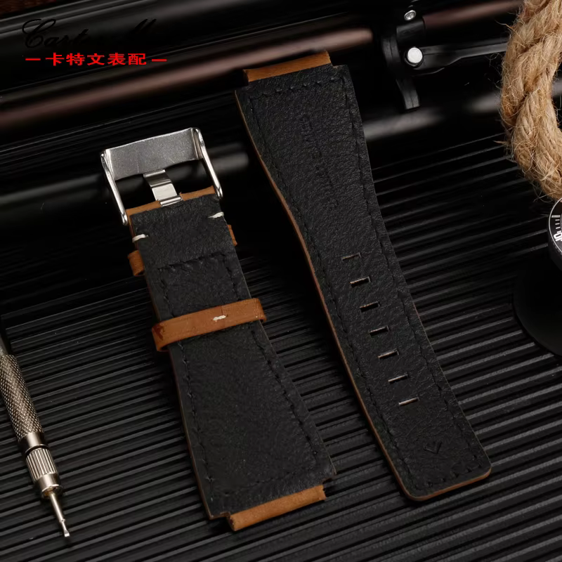 Pour Bell Ross B & R BR-01 BR-03 Hommes Bracelet de montre en cuir véritable Cirhide 35-24mm convexe silicone
