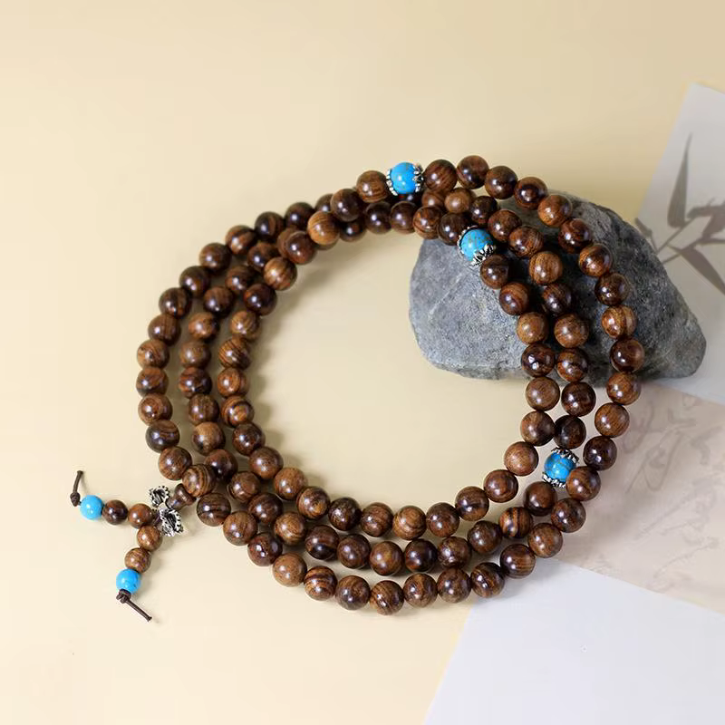 Bracelet Mala en bois pour la guérison spirituelle, 108 perles de prière en turquoise de 8 mm pour l'équilibrage des chakras