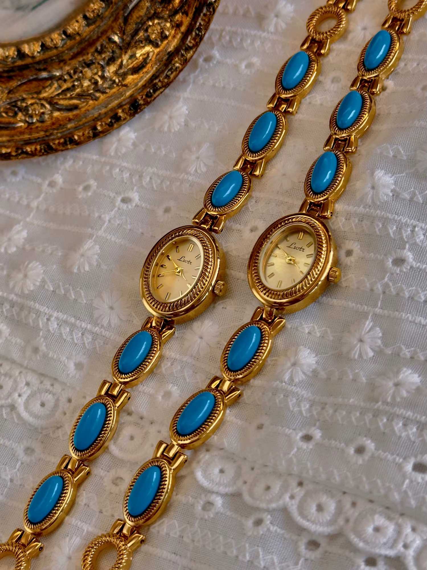 1 montre française élégante et tendance pour femme avec bracelet incrusté de pierres précieuses turquoise artificielles