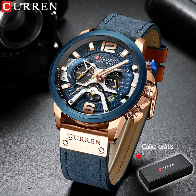 Istro REN-Montre de sport chronographe en cuir bleu pour homme