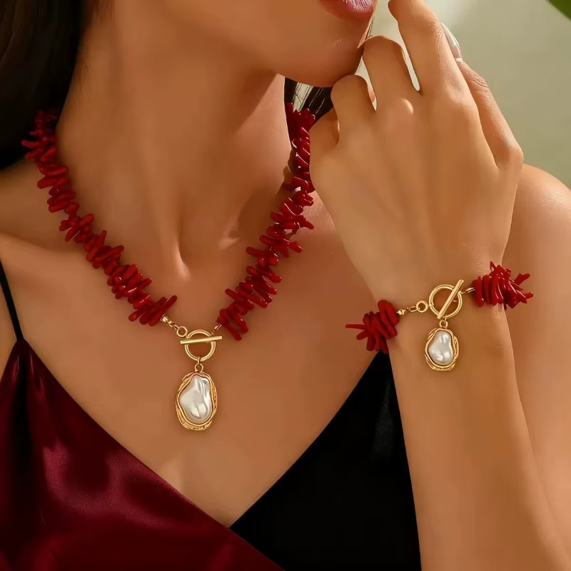 Ensemble de bijoux asymétriques baroques en perles et corail rouge, style bohème chic, collier et bracelet pour tous les jours et les soirées