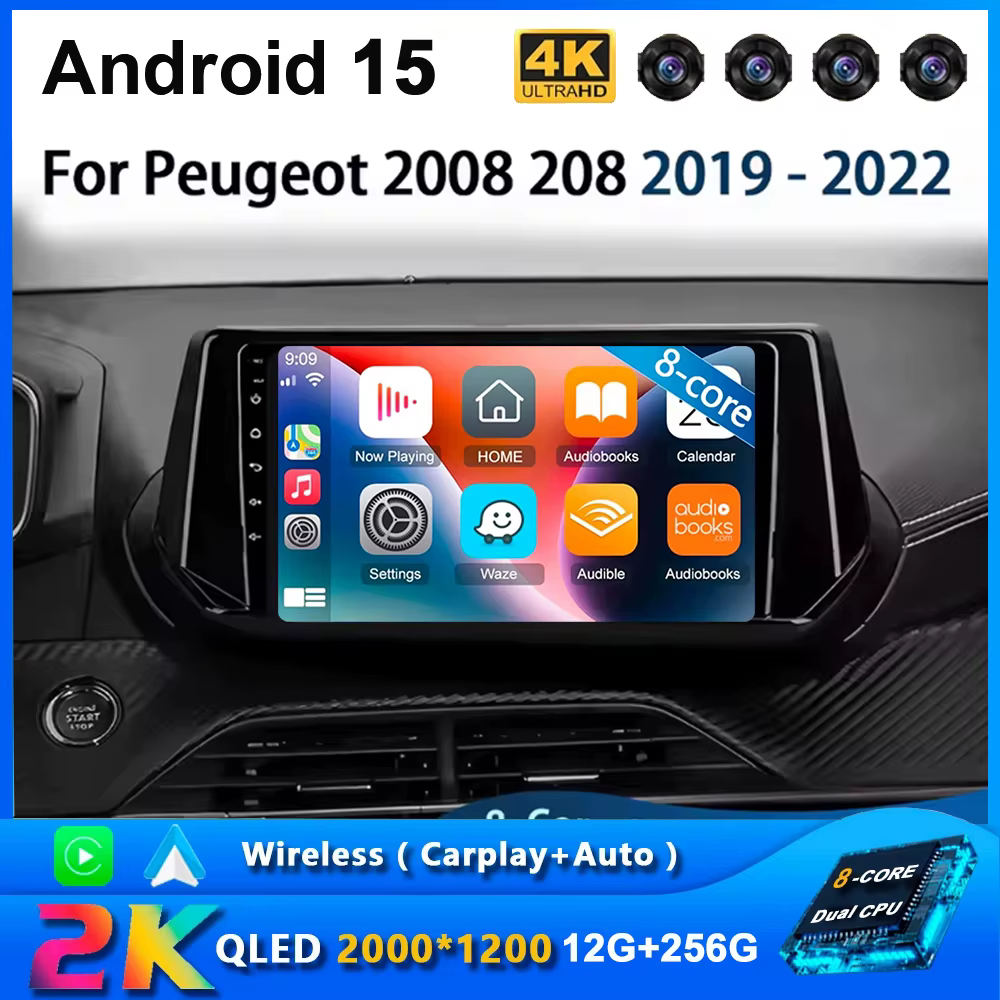 Autoradio Android 15 Carplay Auto pour Peugeot 2008 208 2019 2020 2021 2022 Navigation GPS Lecteur Multimédia Stéréo WIFI+4G DVD