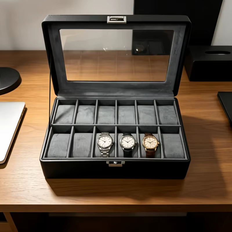 Boîte à montres en cuir de luxe à 12 emplacements avec serrure
