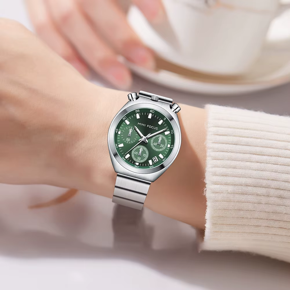 MINI FOCUS montre à Quartz vert argent pour femmes mode bracelet en acier inoxydable chronographe montre-bracelet avec aiguilles lumineuses Date 0491