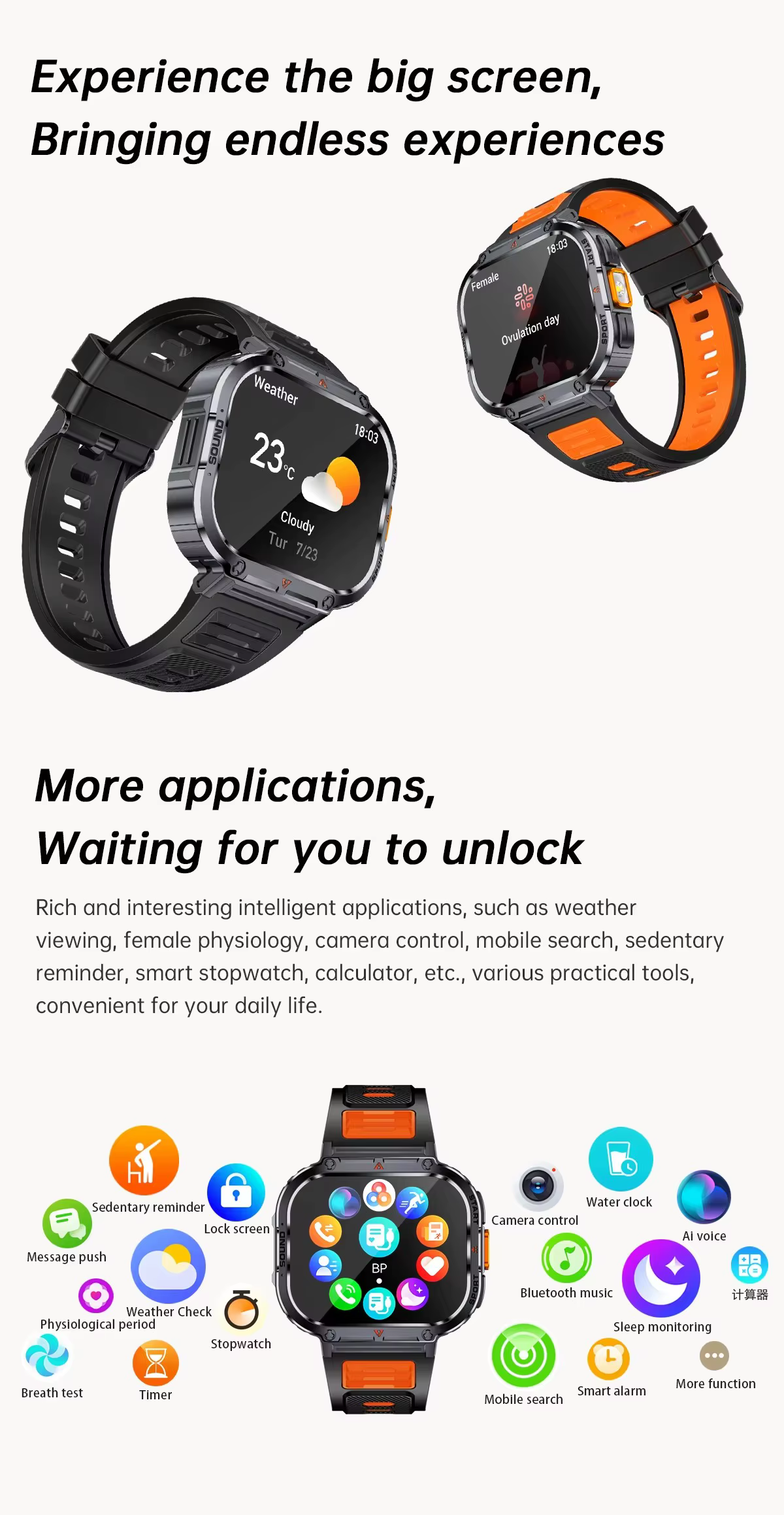 Montre intelligente 2 pouces Ultra grand écran NX23 lumière LED lampe de poche BT appel AI voix 400mAh hommes Fitness sport Tracker Smartwatch