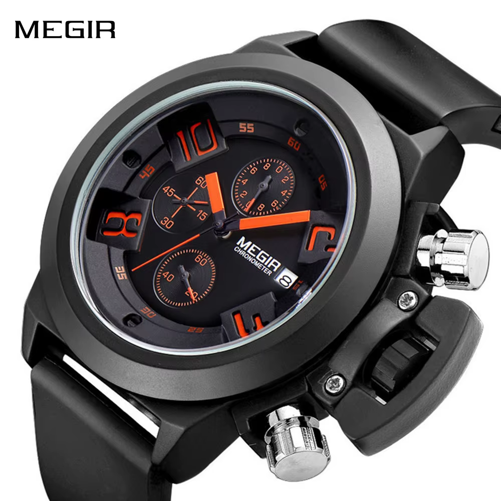 MEGIR Sport de plein air hommes montres chronographe étanche horloge grand cadran Quartz militaire montre-bracelet Date automatique Relogio Masculino